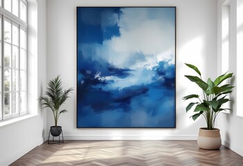 Bright and stylish living room interior featuring a vibrant abstract blue painting and decorative green plants in natural light creating a contemporary and tranquil ambiance.