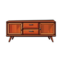 Illustration of a mid century modern sideboard with tapered legs, two drawers, and two doors.