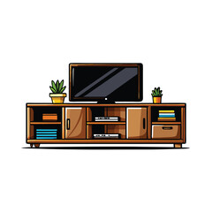 Illustration of a minimalist wall mounted TV unit with clean lines, featuring a TV, shelves, and potted plants.
