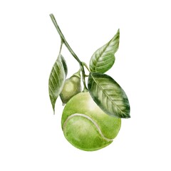 Tennis accessories, balls with lemon branch Watercolor Illustration on white. Composition for printing in booklets, typography on the theme of sports