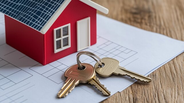 Red house model with solar panels and keys on architectural blueprint