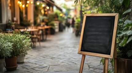 Cozy outdoor cafe with blank chalkboard sign in lush urban setting