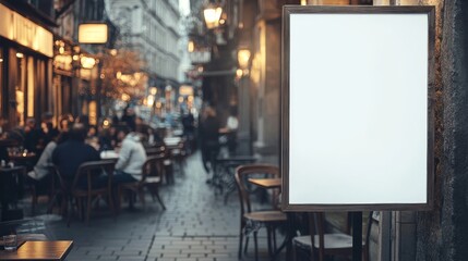 Blank outdoor sign on busy european street cafe scene at dusk