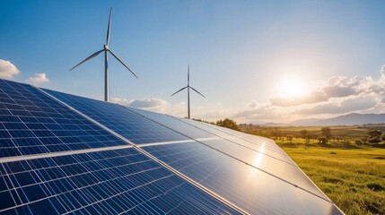 Solar panels and wind turbines harnessing renewable energy at sunset