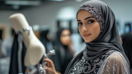 Young female caucasian fashion designer in hijab with mannequin in modern studio