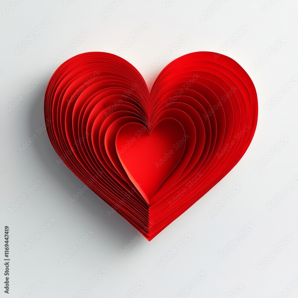 Poster heart made of layered red shapes representing love and affection in a minimalist design