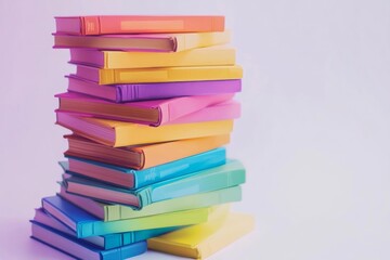 A stack of books in bright colors, including pink, orange, yellow, green, and blue, is arranged artistically on a light background, creating a cheerful and inviting atmosphere
