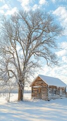 Tranquil Winter Scene of Log Cabin and Snowy Tree Landscape