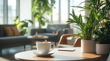 A stylish break area in a corporate office with fresh coffee, soft seating, and plants.