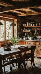 Fototapeta premium Cozy Rustic Kitchen with Wooden Furniture and Natural Light