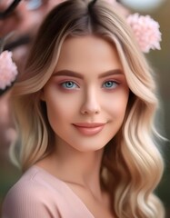 Naklejka premium Blonde woman with blue eyes posing near blurred pink floral background, highlighting natural elegance and fresh beauty