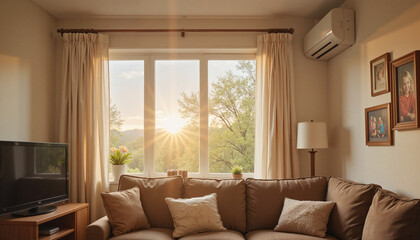 Obraz premium Cozy living room with air conditioner and sunset view, home comfort