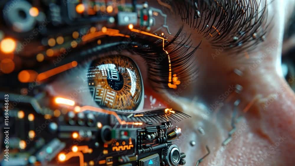 Poster Close-up view of an eye augmented with intricate circuit designs, showcasing a blend of organic and artificial elements. The eye reflects advanced technology, emphasizing innovation.