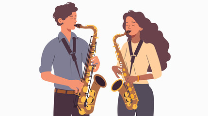 Naklejka premium Young Man and Woman Musicians Duet Playing Saxophone