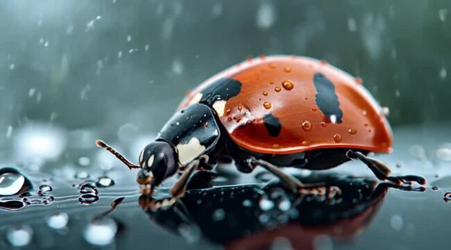 Close-up of a vibrant red and black ladybug resting on a wet surface with water droplets, showcasing detailed textures and a natural atmosphere.