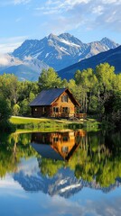Obraz premium Scenic Log Cabin by Serene Lake Surrounded by Majestic Mountains