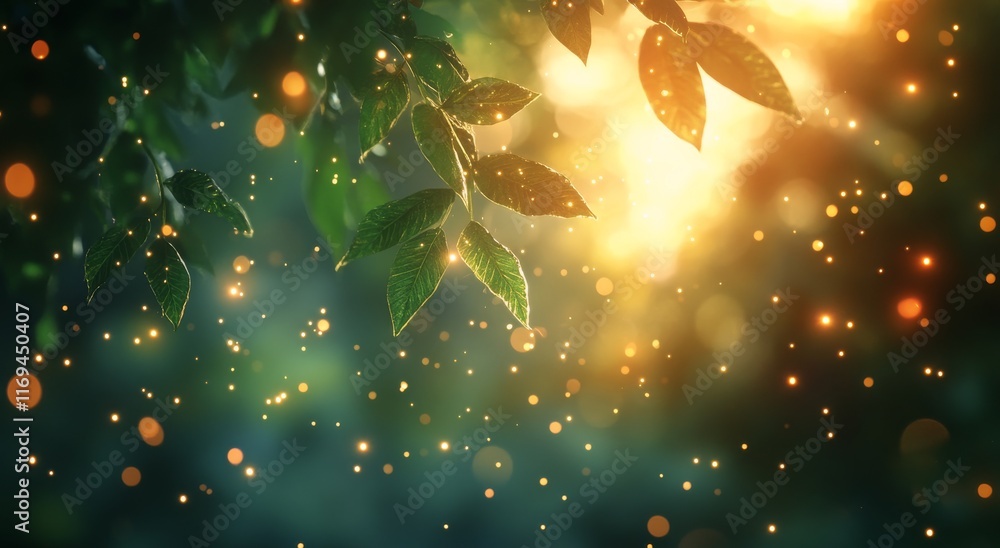 Poster magical forest with glowing leaves and soft light filtering through trees at dusk