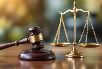 Wooden gavel and golden scales of justice. Legal system, law enforcement concept. Courthouse, attorney, judge symbol. Court decision, verdict background