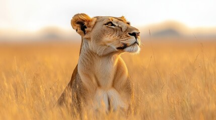 Obraz premium Majestic lioness in golden savanna grass at sunrise.