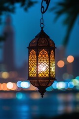 Decorative lantern hanging with vibrant city lights in the background during twilight hours