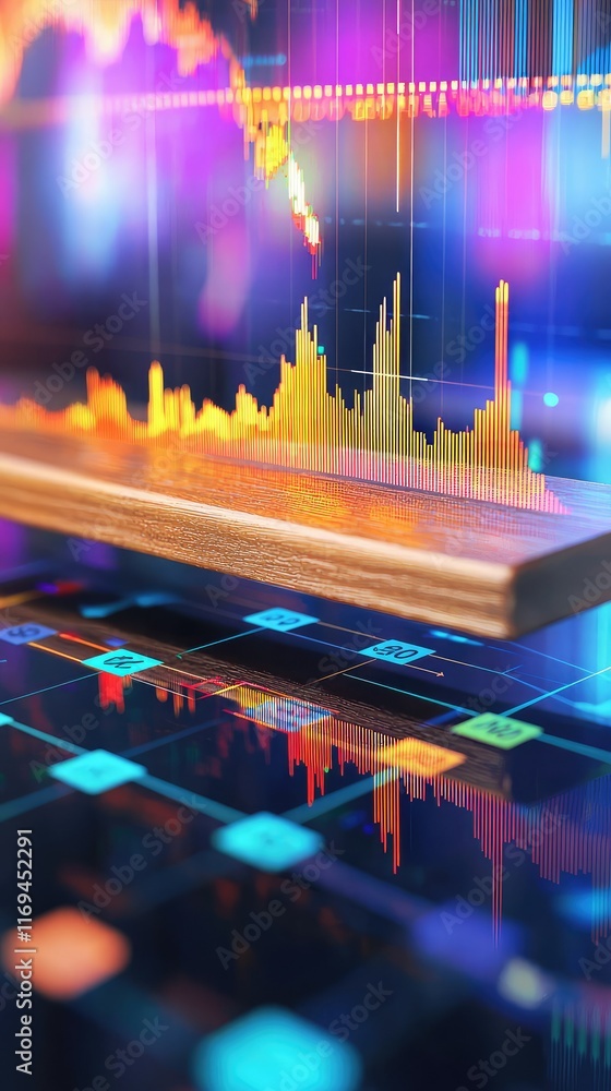 Poster financial data analysis with colorful charts and graphs display