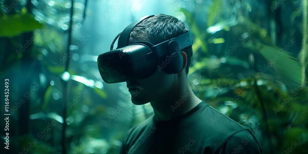 Poster man wearing VR headset explores dense, immersive jungle environment, surrounded by lush greenery and soft light, creating futuristic and adventurous atmosphere