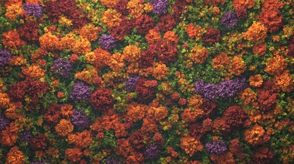 Stunning wall of colorful chrysanthemums in orange, red, purple, and green hues. Ideal for event backdrops or botanical-themed visuals.