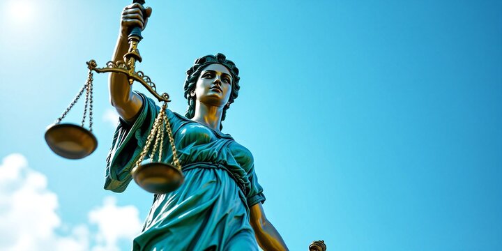 Lady Justice statue holding scales against blue sky. Symbol of law, justice, and equality. Legal system representation for courts, lawyers, and judges