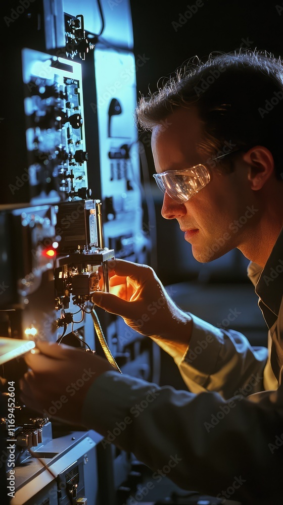 Poster engineer working on high-tech equipment in a dark laboratory environment
