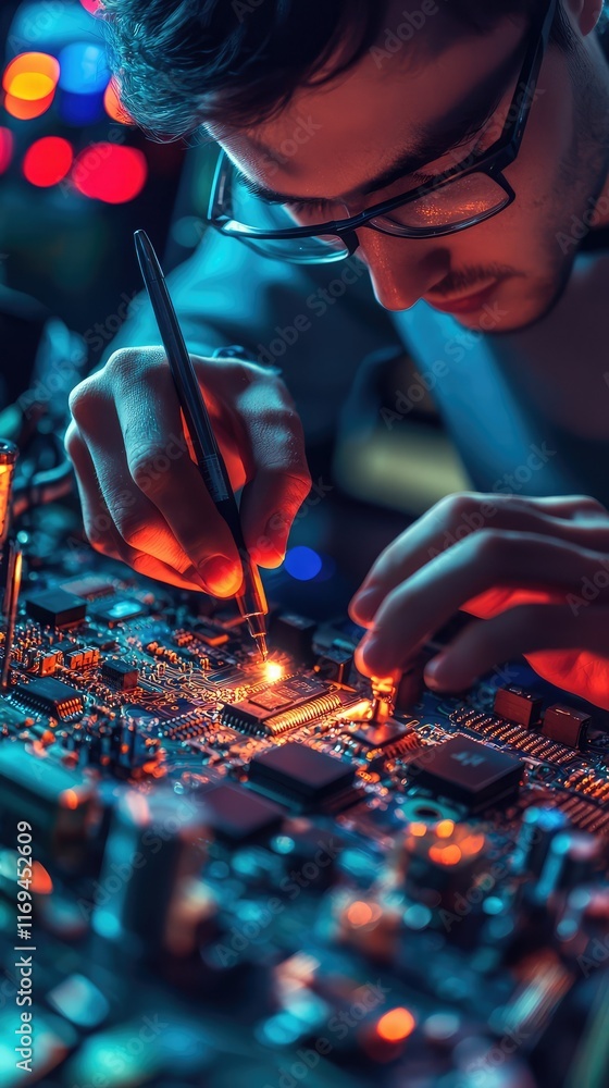 Poster close-up of technician working on circuit board with tools and focus