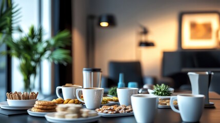 Fototapeta premium A stylish meeting area with a table full of coffee cups, snacks, and modern decor.