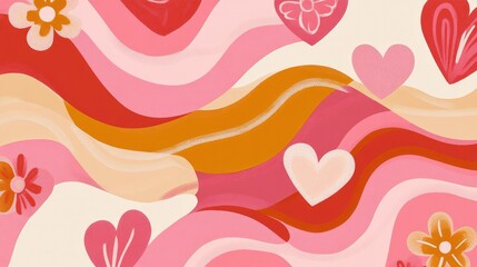 Fototapeta premium Trendy 70s cartoon-style love concept with bold pink and red patterns, wavy lines, and floral heart accents for a funky Valentine vibe.