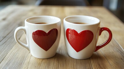 Two coffee mugs with heart-shaped designs, symbolizing cozy and romantic Valentine mornings.