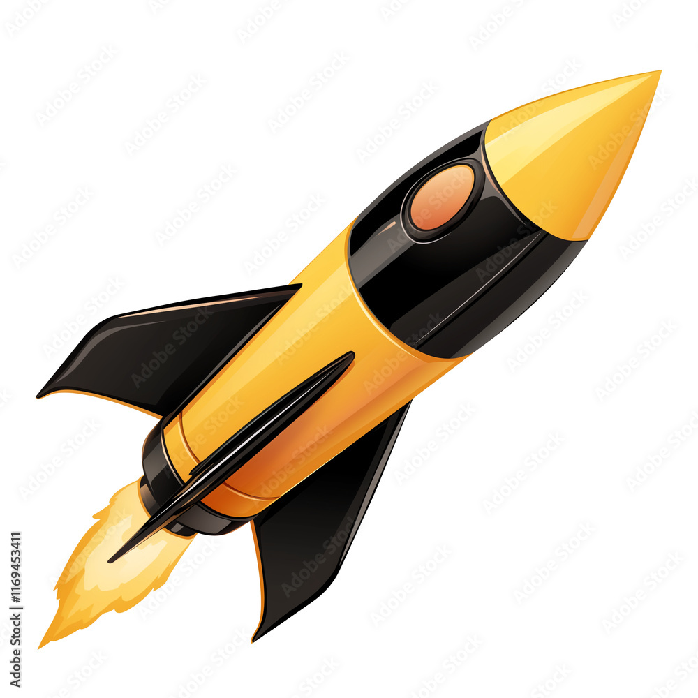 Poster sleek black and gold rocket with luxurious finish, featuring sharp aerodynamic design and fiery prop