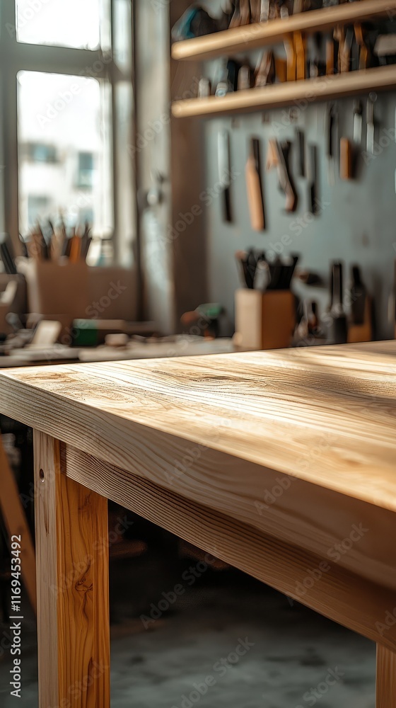 Poster rustic wooden table in artisanal workshop with tools background