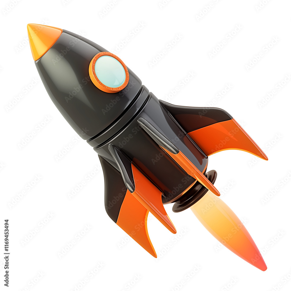 Poster sleek black rocket with glowing orange thrusters and vibrant orange fins, isolated on transparency b