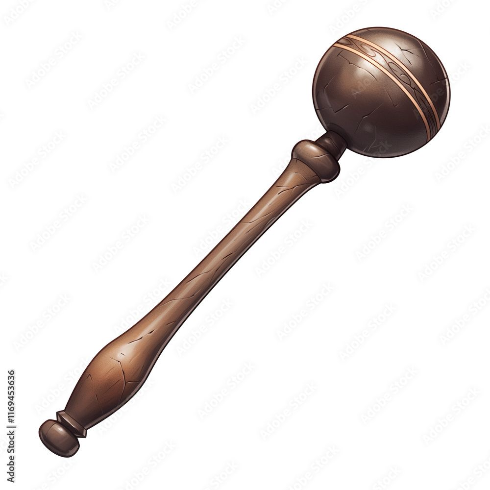 Poster bronze maraca with metallic finish, featuring smooth handle and spherical top, isolated on transpare