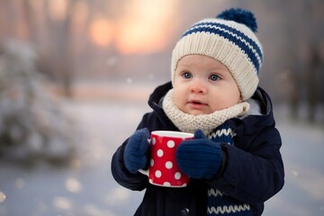 portrait of a little child in winter clothes holding a cup of tea