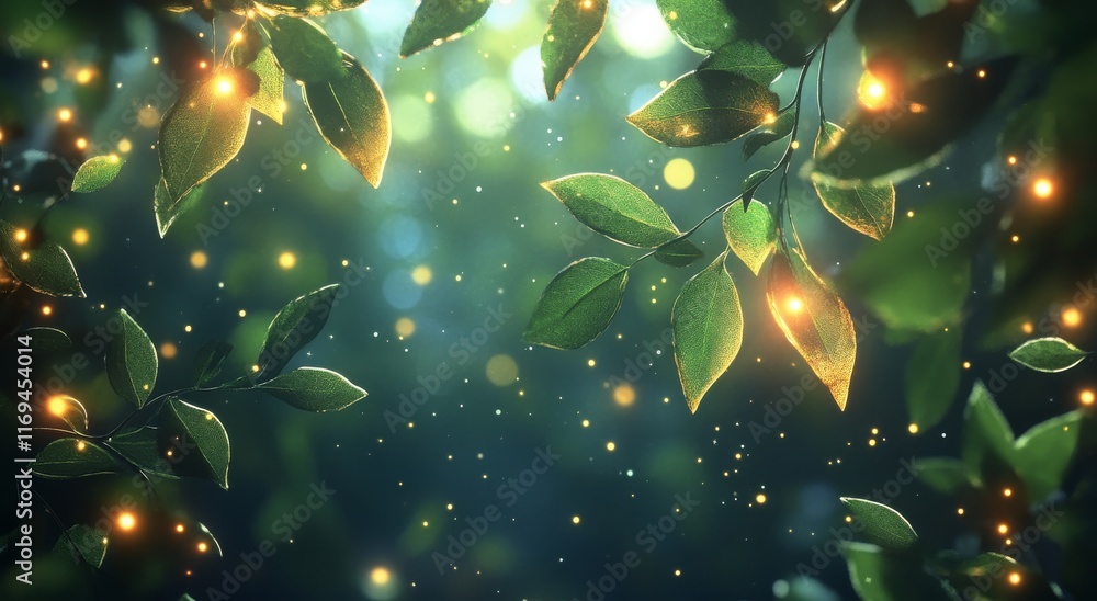 Poster magical forest with glowing leaves and soft light filtering through trees at dusk