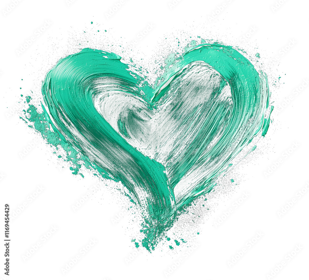 Poster emerald green heart painted with radiant brush strokes on transparency background, exuding creativit