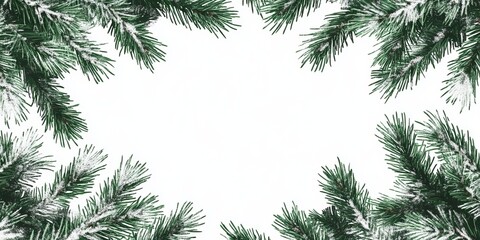 Naklejka premium Snow dusted pine branches frame a white space