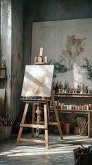 Cozy Art Studio Workspace with Easel, Brushes, and Paints