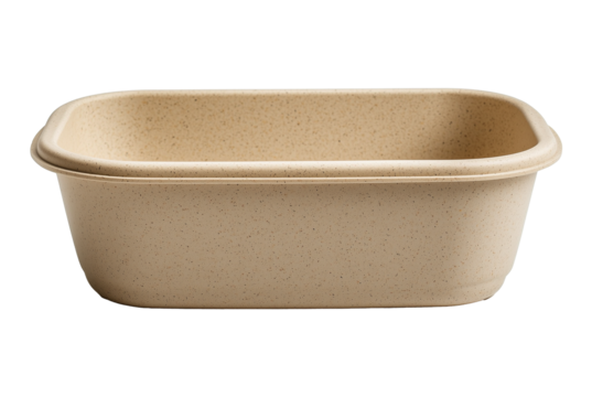 beige plant based PLA container with smooth, minimalist design, ideal for eco friendly storage or serving. container features speckled texture and rectangular shape