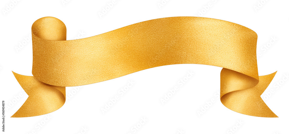 Poster golden ribbon with textured, shiny surface and curled ends, isolated on transparency background, per