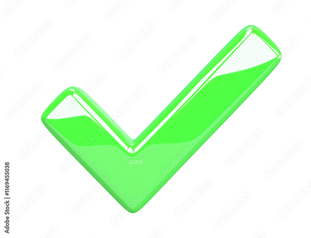 Poster shiny green check mark with smooth surface, isolated on transparency background, symbolizing approva