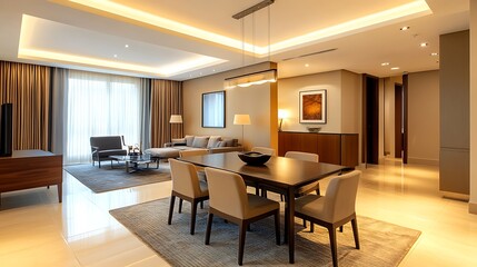 Fototapeta premium Modern open-plan living and dining area with contemporary furniture, large windows, and warm lighting.