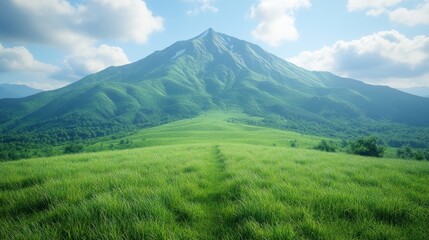 Fototapeta premium Majestic mountain peak overlooking lush green meadow.