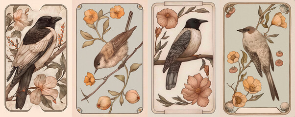 set of illustrations of tarot cards, the theme of isoterics and fortune telling	
