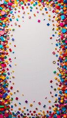 Obraz premium Colorful confetti border frame repeat pattern, perfect for birthday parties or event celebration invitations and decor, capturing a festive atmosphere