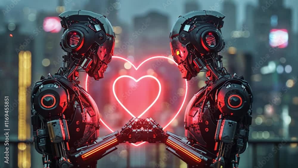 Poster two humanoid robots face each other, holding a bright neon heart between them. the backdrop features